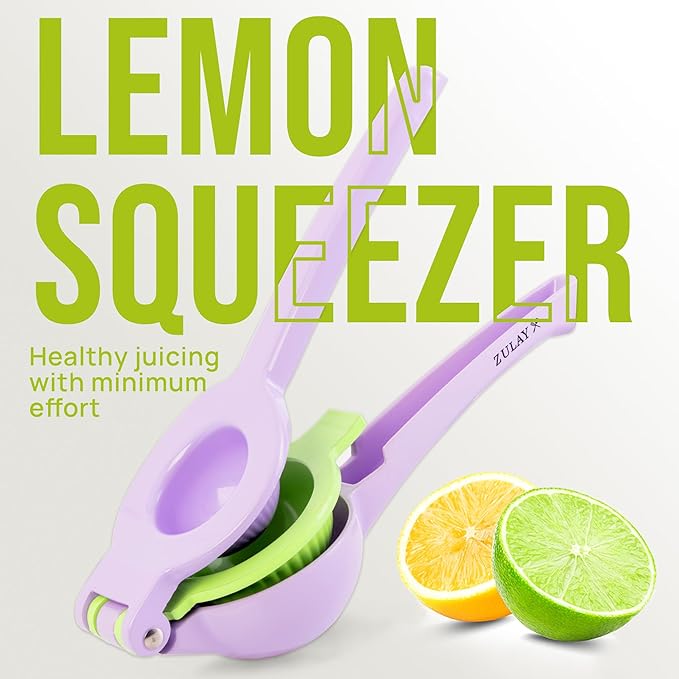 Zulay Kitchen Metal 2-in-1 Lemon Squeezer - Sturdy Max Extraction Hand Juicer Lemon Squeezer Gets Every Last Drop - Easy to Clean Manual Citrus Juicer - Easy-Use Lemon Juicer Squeezer - Purple/Lime