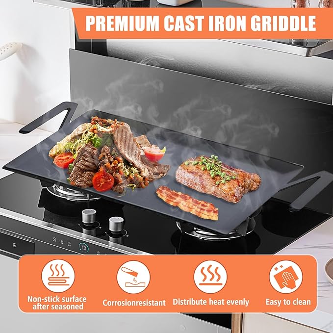 24'' Carbon Steel Griddle, Professional Pre-seasoned Cookware for Double Burner Stovetop and Gas/Charcoal Grill, Heavy Duty Dual-Handle Large Family Size Griddle