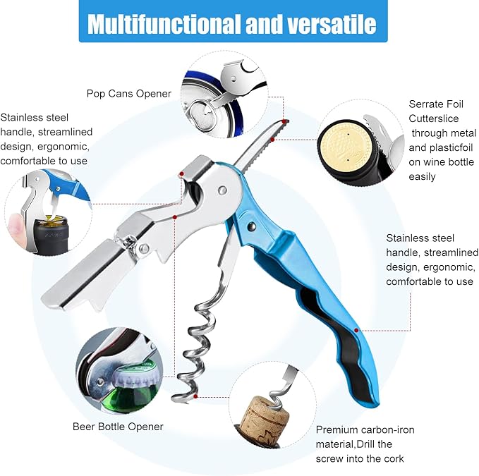 6 Pieces wine key wine opener Professional Waiter Corkscrews Stainless bottle opener Fold Serrated Foil Cutter Key for Family, Company Party,Bars,Restaurants(blue)