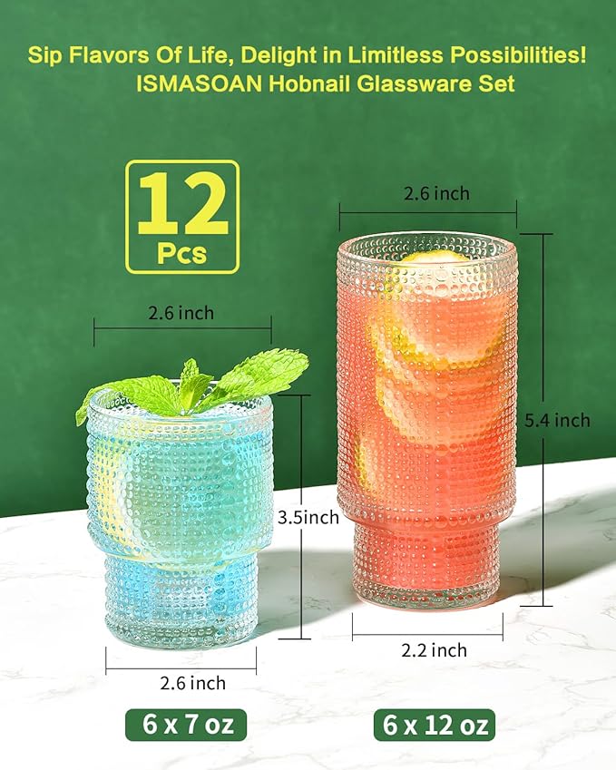 ISMASOAN Hobnail Drinking Glasses Set of 12, Stackable Glasses 12 oz and 7 oz, Bubble Glasses Drinking, Vintage Glassware, Beaded Glassware, Highball Glasses, Gift Box Set