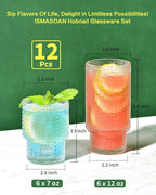 ISMASOAN Hobnail Drinking Glasses Set of 12, Stackable Glasses 12 oz and 7 oz, Bubble Glasses Drinking, Vintage Glassware, Beaded Glassware, Highball Glasses, Gift Box Set