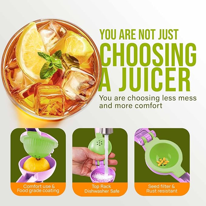 Zulay Kitchen Metal 2-in-1 Lemon Squeezer - Sturdy Max Extraction Hand Juicer Lemon Squeezer Gets Every Last Drop - Easy to Clean Manual Citrus Juicer - Easy-Use Lemon Juicer Squeezer - Purple/Lime