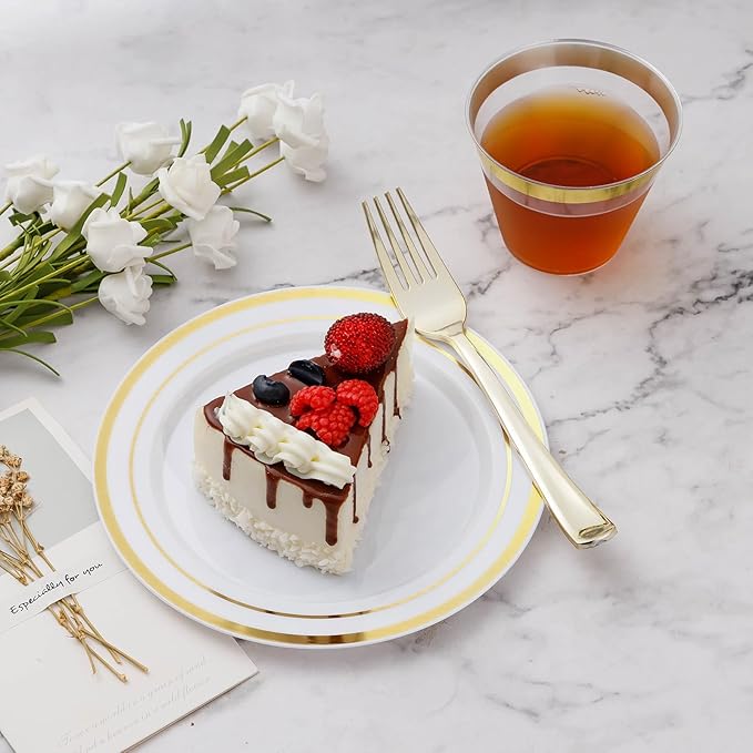 BESTVIP 900PCS Gold Dinnerware Set for 150 Guests, Plastic Plates for Party, 150 Gold Disposable Plates, 150 Dessert Plates, 150 Cups, 150 Spoons, 150 Forks and 150 Knives