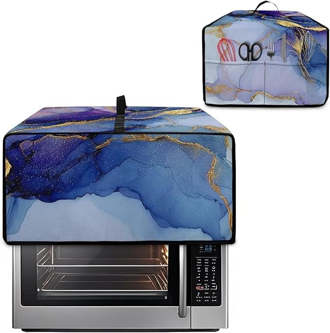 Marble Print Toaster Oven Dust Cover, Heavy Duty Heat-Resistant Cover for Kitchen Counter Small Appliances, with Accessory Pockets, Blue Violet Gold, (Medium-16.1*19.71*10 inches)