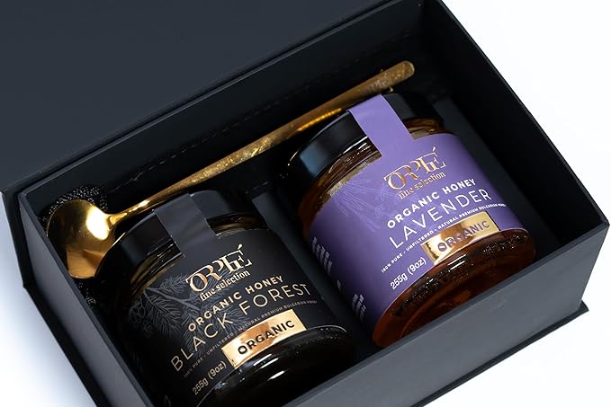 Orphe Luxury Organic Honey Gift Set, Lavender & Forest with Gold-Plated Spoon, Raw Bulgarian Honey Gift Box, Natural Sweetener for Coffee, Tea, Matcha and Breakfast