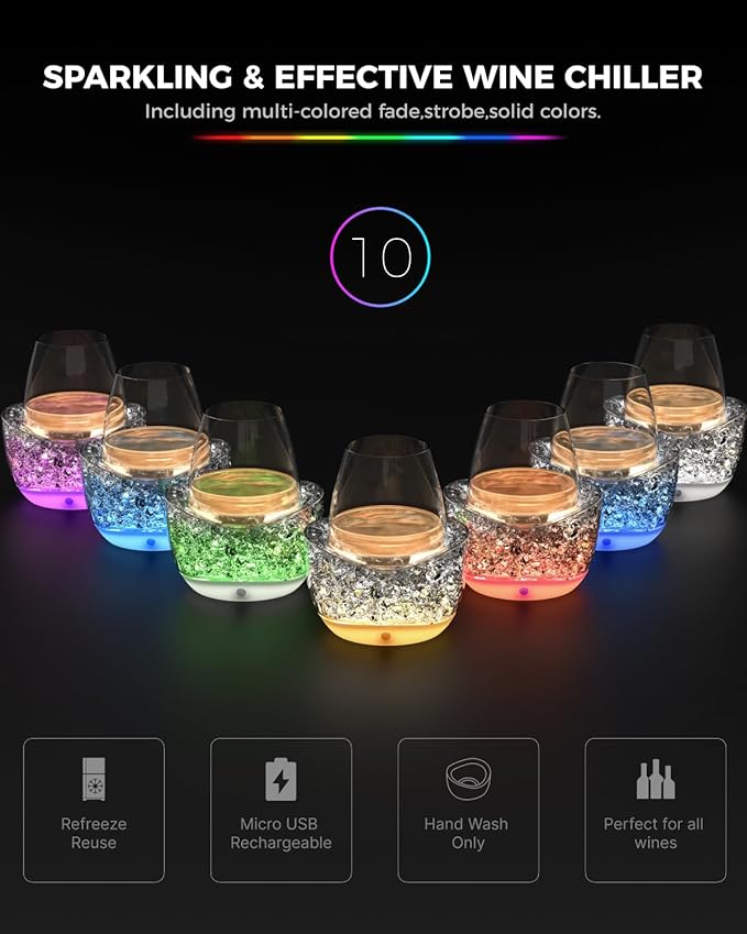 Wine Chiller for Glass Stemless Wine Glass Chiller Keeps Your Glasses of Vino Cold 10 Color Light Modes Separable Wine Essentials Accessories (White)