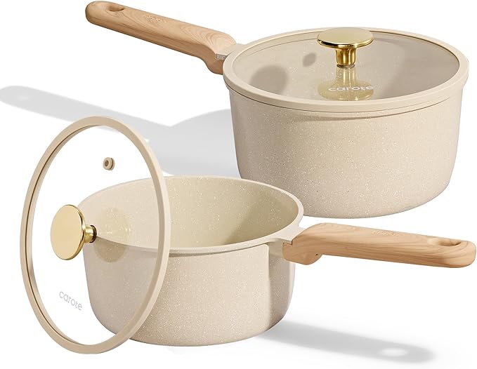 CAROTE 1.6Qt & 3.0Qt Sauce Pan Sets with Lid Ceramic Nonstick Pot Set Non Toxic Saucepan with Stay-cool Handle Small Kitchen Cooking Pots, Easy to Clean, Induction Comptable, PFOA FREE