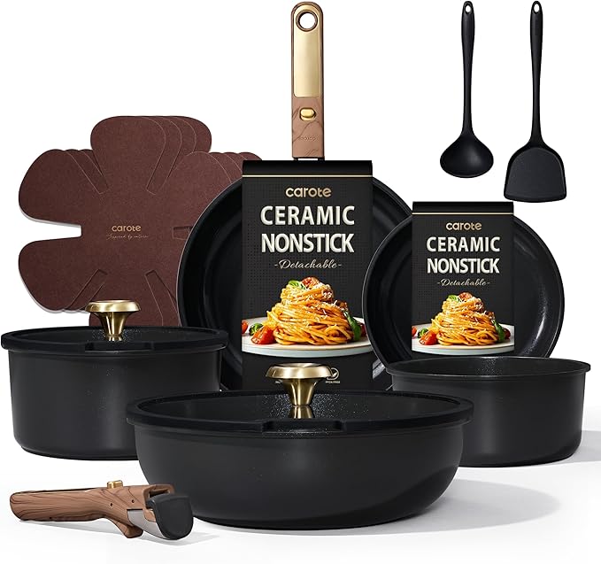CAROTE 15Pcs Ceramic Cookware Set, Pots and Pans Set Non stick, Kitchen Cooking Set with Detachable Handle, Non Toxic Induction Cookware, Dishwasher/Oven Safe, PFAS Free, Black&Gold