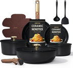 CAROTE 15Pcs Ceramic Cookware Set, Pots and Pans Set Non stick, Kitchen Cooking Set with Detachable Handle, Non Toxic Induction Cookware, Dishwasher/Oven Safe, PFAS Free, Black&Gold