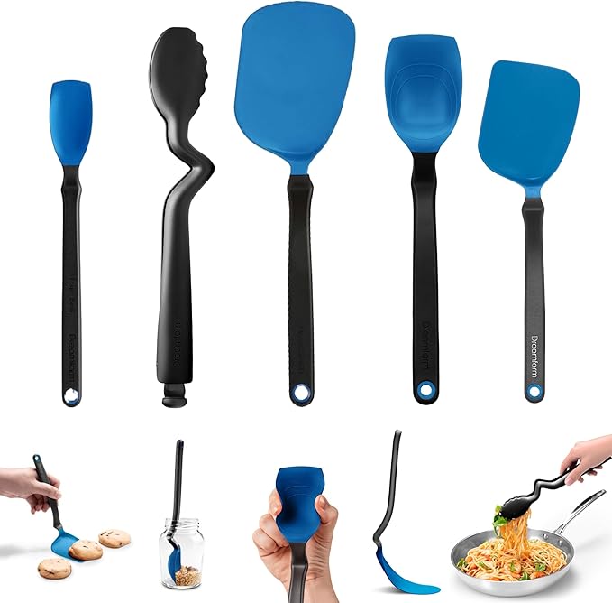 Dreamfarm Cooking Utensil Set (Classic Blue) – Tongs with Lock, Measuring Scraper Spoon, Jar Scraper, Multipurpose Spatula, Mini Turner – Non‑Stick Safe Nylon & Silicone Tools for Cooking & Baking