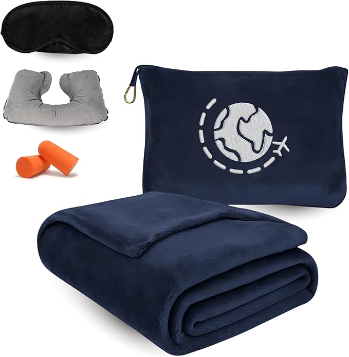 Travel Blanket and Pillow Compact – 4-in-1 Soft Fleece Airplane Blanket with Bag Pillowcase, Neck Pillow, Eye Mask & Earplugs, Lightweight Portable Flight Blanket 60"x43" (Navy)