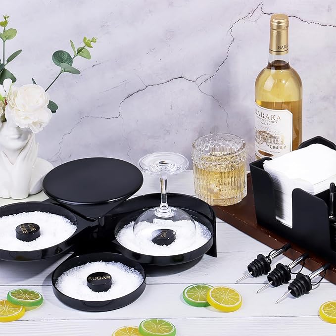 3 Tier Bar Glass Rimmer Bartender Tool Accessories with 12 Pcs Stainless Steel Liquor Pour Spout Garnish Caddy with 6 Compartment and 200 Pcs Napkin,500 Black Cocktail Straws