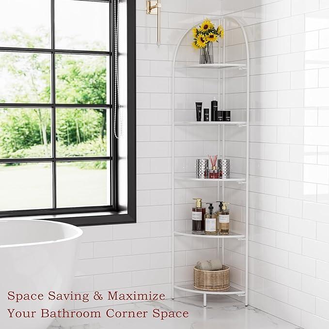 Crofy Foldable 5 Tier Corner Shelf, Metal Corner Plant Stand with White Frame and Transparent Shelves, Corner Display Rack Multipurpose Shelving Unit for Living Room, Bedroom, Bathroom