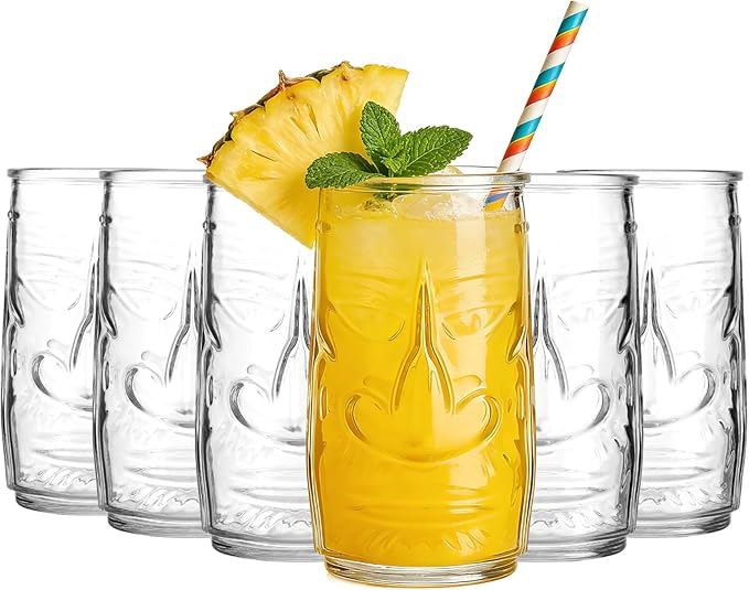 Tiki Glasses Set of 6 - Highball Glasses - 17 oz Cocktail Water Glass for Tropical Bar - Hawaiian Party Drinking Glass