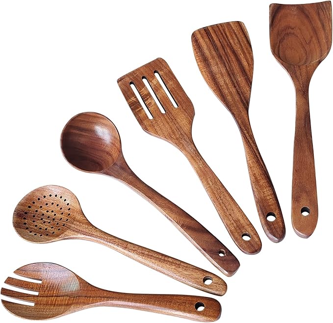 Wooden Spoons for Cooking 6 Piece, Natural Kitchen Utensils Spatula, Smooth Finish Wooden Cooking Utensils Spoons, Filter Spoon, Salad Fork