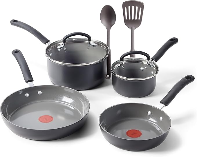 T-Fal Ultimate Hard Anodized Ceramic Nonstick 8 Piece Cookware Set, Oven Safe Up to 400°F, Dishwasher Safe, Pots and Pans Set, Includes Frying Pans, Saucepan, Cooking Utensils, Stone