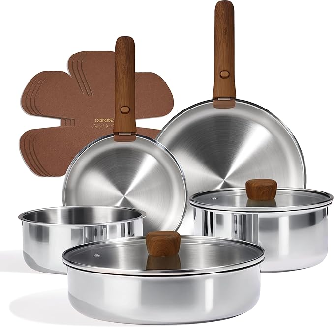 CAROTE 13 PCS Tri-Ply Stainless Steel Cookware Set with Detachable Handle, Pots and Pans Set, Induction Kitchen Cooking Sets, RV/Camping Cookware, Oven Safe