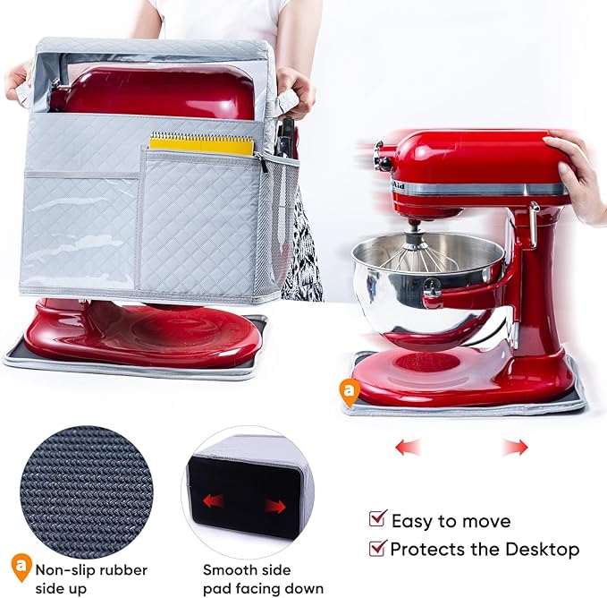 BAGSPRITE Stand Mixer Cover with Detachable Appliance Sliders Base Compatible with KitchenAid Mixer-Storage Bag for 6/7/8 Quart with Pockets for Kitchen Aid Accessories and Attachments