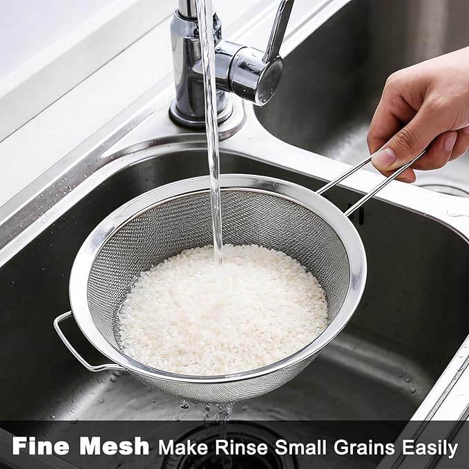 8.7" Large Fine Mesh Strainer Set with Sturdy Handle, Stainless Steel Sieve Flour Sifter, Kitchen Metal Colander for Rice, Quinoa, Pasta, Fruit, 2 Pack