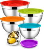 E-far Mixing Bowls With Lids Sets of 5, 10-Piece Stainless Steel Salad Metal Nesting Bowl for Baking Cooking and Prepping, Airtight Lid & Stackable Design, Size 4.6, 3, 2.1, 1.5, 0.7 QT, Colorful