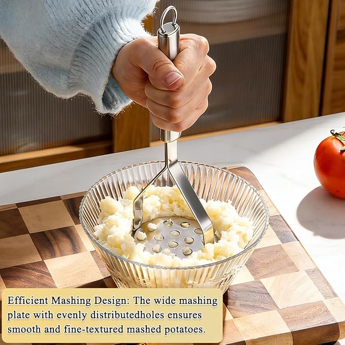 Homquen Stainless Steel Potato Masher, Sturdy Mashed Potato Masher, Potato Ricer, Masher Kitchen Tools for Vegetables&Fruit, Dishwasher Safe (9.84inch)