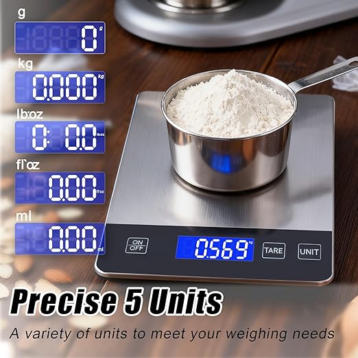 Food Kitchen Scale, 33lb Food Scale Precisely Measures Grams and Ounces for Baking and Cooking, 304 Stainless Steel Kitchen Scale for Food with LCD Display, Batteries Included