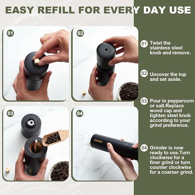 Wooden Salt and Pepper Grinder Set Manual Salt and Pepper Mill with Tray Adjustable Coarseness Refillable Wood Grinders with Gold Bottle Label for Kitchen (Black,White,8 Inch)