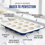 GreenLife 12-Cup Muffin Pan, PFAS-Free Healthy Nonstick Baking Tray, 11.4" x 1.9" x 15.9", Durable Ceramic Bakeware, Cupcakes, Egg Bites, Tarts, Brownies, Blue