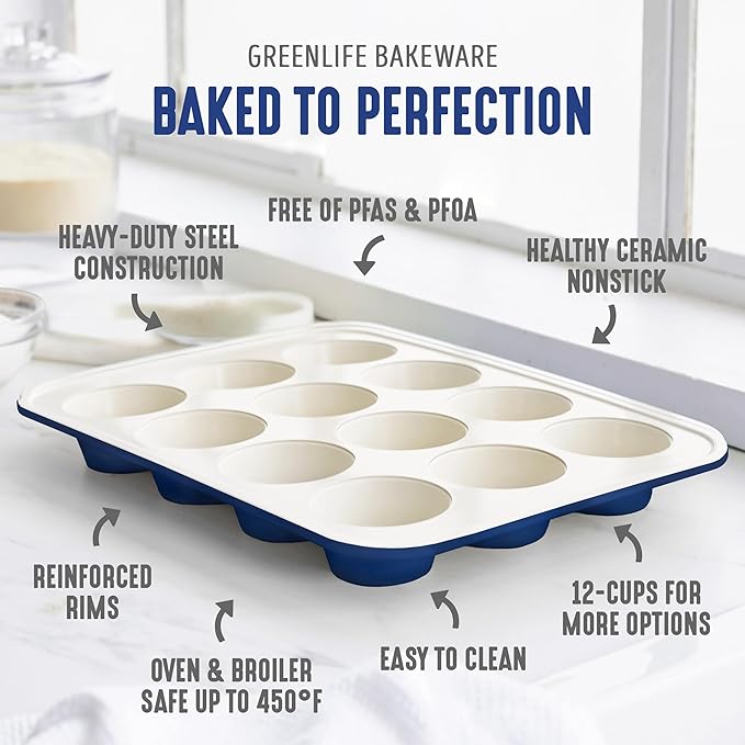 GreenLife 12-Cup Muffin Pan, PFAS-Free Healthy Nonstick Baking Tray, 11.4" x 1.9" x 15.9", Durable Ceramic Bakeware, Cupcakes, Egg Bites, Tarts, Brownies, Blue