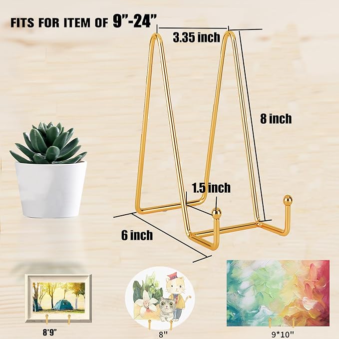Decolore 8 inch 3 Pack Gold Plate Stands Table Top Easels Plate Holder Display Stands for Picture, Decorative Plate, Book, Photo Easel, Artistic Work