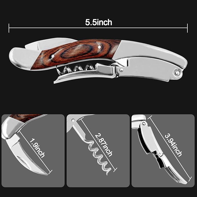 CORKAS Extravagant Professional Wine Key for Executive Waiter, Heavy Double Hinged Fulcrum Corkscrew Wine Opener with Premium Rosewood Handle and Foil Cutter, Great Birthday Gift for Sommelier, Waiter