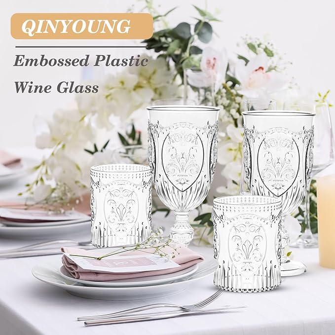 Qinyoung 12 Plastic Vintage Drinking Glasses 8.5oz Stemless Retro Embossed Wine Glasses Shatterproof Reusable Cups for Baby Shower Wedding Reception Grand Event Party (Clear)