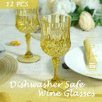 Plastic Wine Glasses, Plastic Goblets Vintage Style Cordial Unbreakable Drinking Glasses, Reusable Drinkware for Wedding Reception, Grand Event Party Supplies (12, Gold)