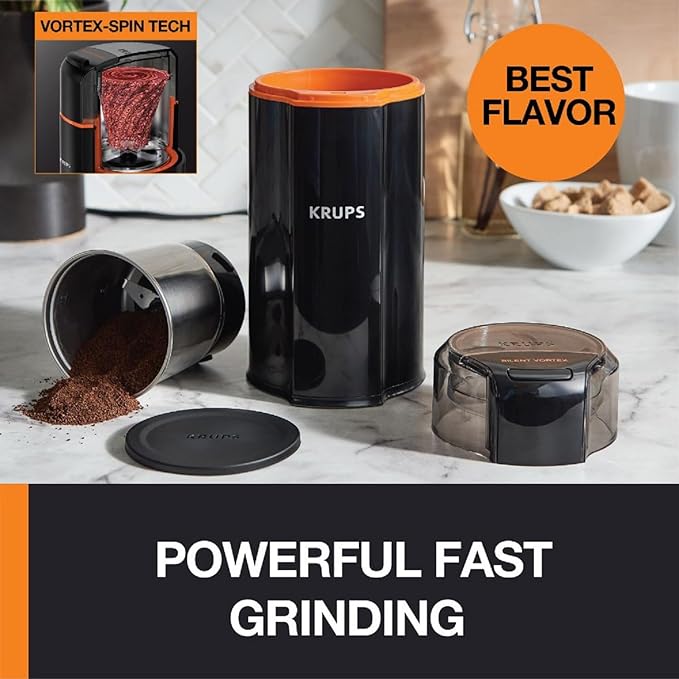 KRUPS Silent Vortex Electric Coffee Grinder: 3 oz Capacity, 5x Quieter, 175W Motor for Coffee Beans, Spices & Herbs - Removable Dishwasher-Safe Bowl, 12-Cup Yield, Black