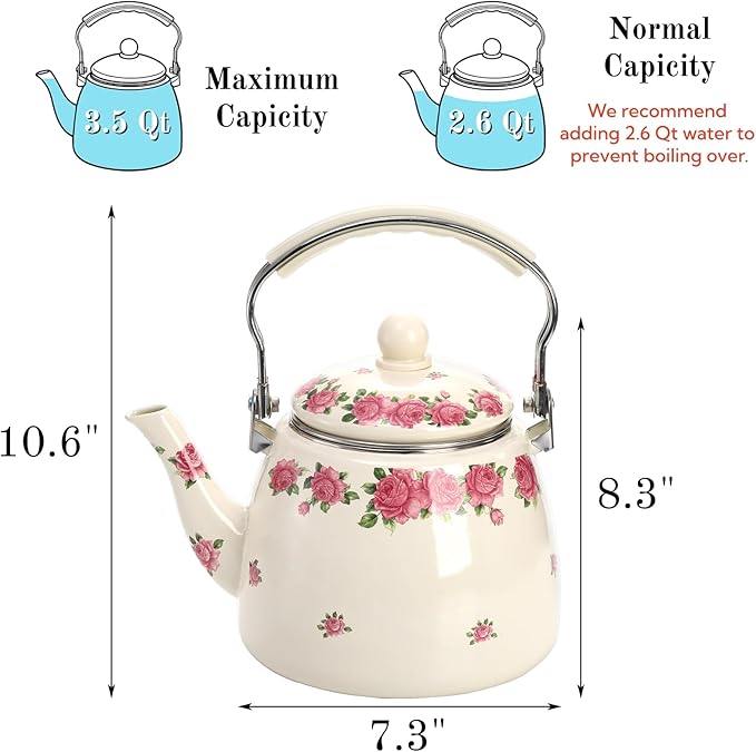 SOUJOY 3.5 Quart Enamel Tea Kettle for Stovetop, Vintage Floral Teapot with Stainlees Steel Infuser and Heat-Resistant Handle for Home Kitchen Camping, Perfect Housewarming Wedding Gift