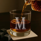 On The Rox (M-Monogram)- 4 Piece Set of 11 Ounce Engraved Heavy Base Rocks Glasses Elegant Glass-Multi-Purpose Beverage-Rocks Glass- Gift for any Occasion