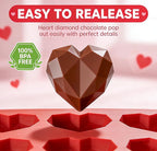 3D Diamond Heart Silicone Molds 2 Pack 12-Cavity Valentine Love Shape for Hot Cocoa Bombs, Chocolate, Cake, Soap, Jelly, Candy, Ice Cube DIY Baking & Party Gift Making