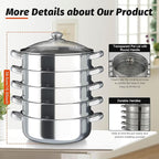 Steamer Pot 12in, 5-Tier Stackable Steamer Cooker with Lid and Triply Bottom, 304 Stainless Steel Food Cookware Set for Vegetables, Dumplings, Seafood on Gas & Electric Stoves