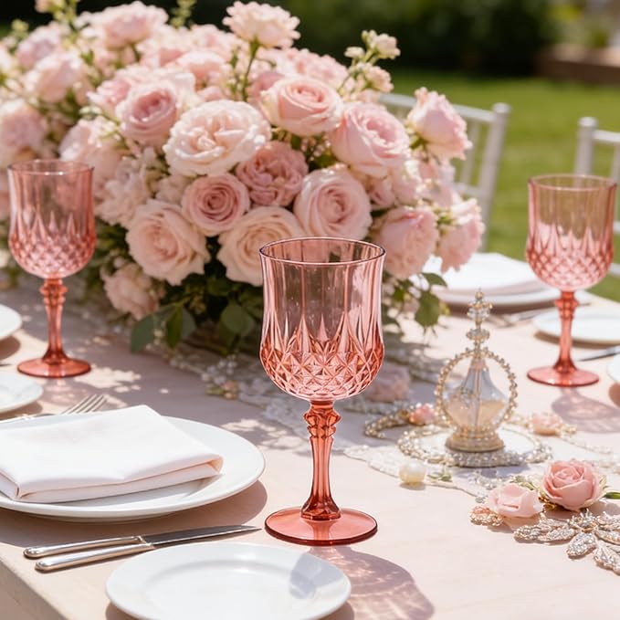 Plastic Wine Glasses, Plastic Goblets Vintage Style Cordial Unbreakable Drinking Glasses, Reusable Drinkware for Wedding Reception, Grand Event Party Supplies (12, Rose Gold)