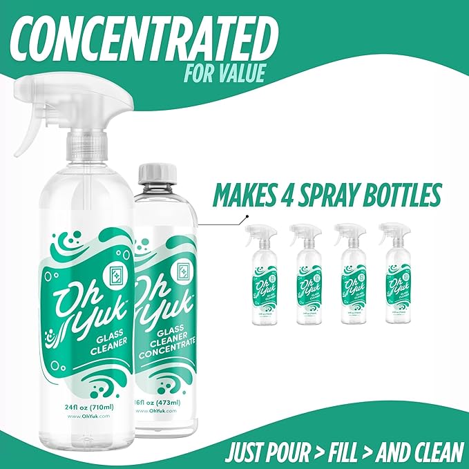 Oh Yuk Glass Cleaner Combo – Includes 24 oz Spray + 16 oz Concentrate Refill (Makes 5 Sprays) | Streak-Free Cleaning for Mirrors, Windows & More | Vegan, Made in USA