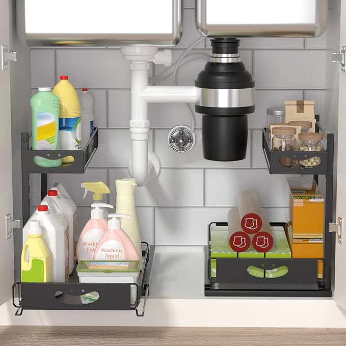 Under Sink Organizer with Pull-Out Drawers,Kitchen Sink Organizer,2 Tier Bathroom Organizers And Storage,Bathroom Accessories Set,Black 2 Pack