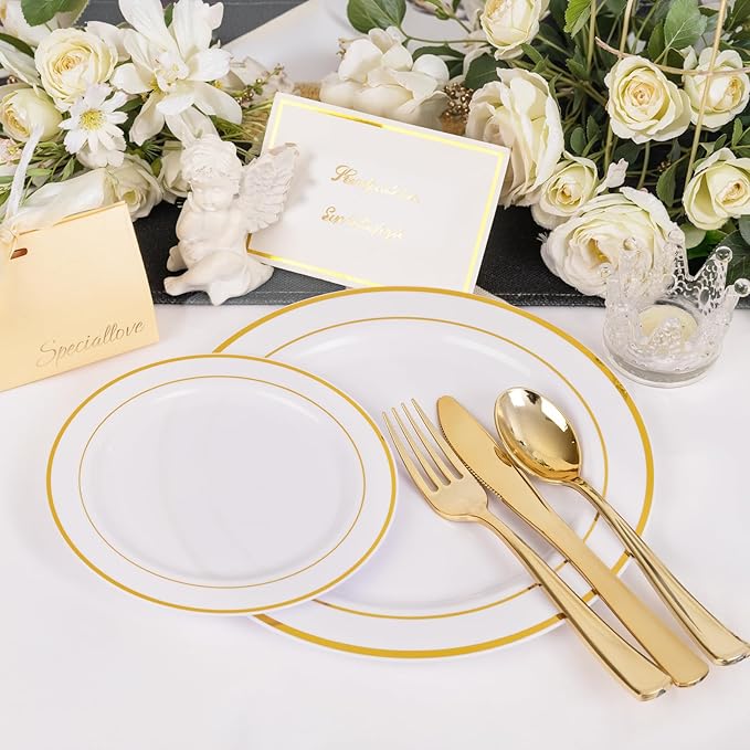 NOCCUR 200PCS Gold Plastic Plates - 100 Dinner / 100 Dessert Disposable Plates Heavy Duty - Ideal for Wedding/Party/Christmas