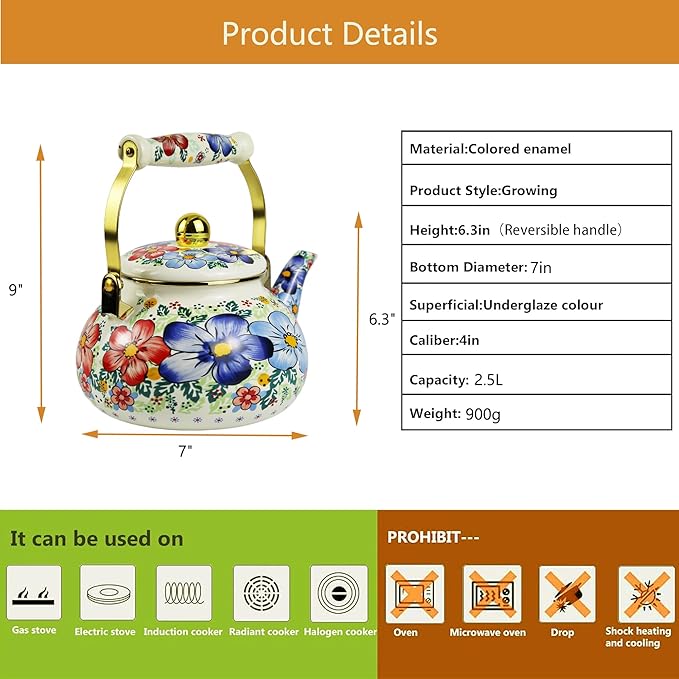 Blue Floral Enamel Tea Kettle Vintage Gold Beige Teapot Blue Floral Boho Hot Water Coffee Kettle Pot 2.5L Porcelain Tea Pot with Ceramic Handle for Stovetop Kitchen Home Decor