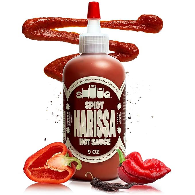 SHUUG Harissa Sauce (9oz) | Hot & Spicy Red Pepper Flavor | Middle Eastern Harissa Paste Sauce with Dried Chilis, Lemon & Garlic | Vegan, Non-GMO, Kosher | Flavor Cooking, Dipping & Marinades | 9oz