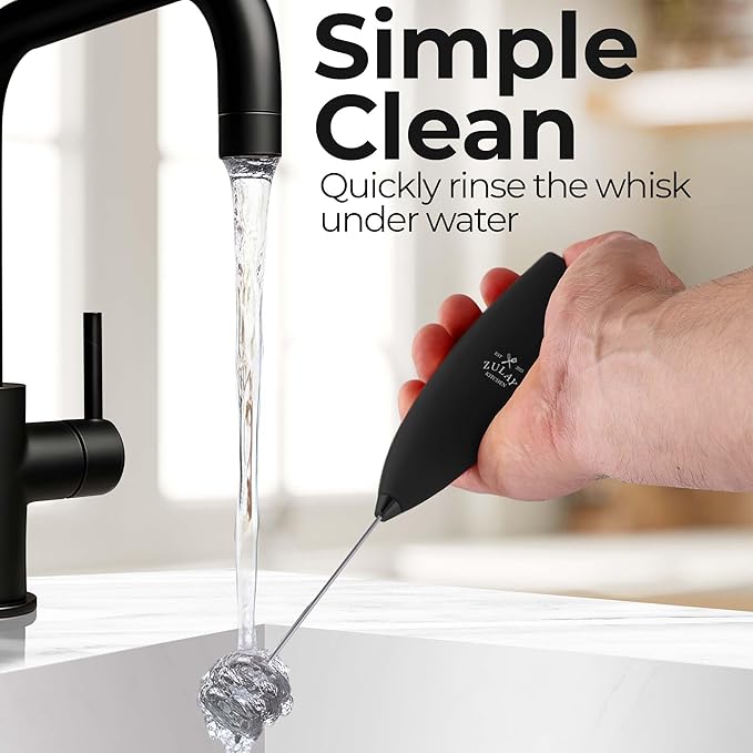 Zulay Kitchen Patented Tornado Triple Whisk Milk Frother with 4 Duracell Batteries – Handheld Foam Maker for Coffee, Lattes, Matcha & Hot Chocolate – Rich, Creamy Froth in Seconds - Executive Black