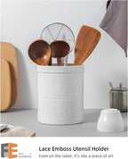FUN ELEMENTS Kitchen Utensil Holder, 7.2" Super Large Utensil Crock Heavy and Stable Lace Emboss Ceramic Utensil Holder for Kitchen Counter (Bright White)