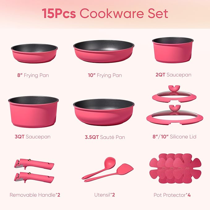 CAROTE 15pcs Pots and Pans Set Non Stick, Cookware Set Non Toxic with Detachable Handle, Induction Kitchen Cooking Set, Dishwasher/Oven Safe, RV/Camping Cookware