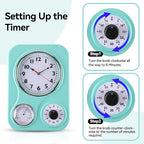 Lily's Home - 9.5 Inch x 12.5 Inch - Retro Kitchen Wall Clock, Vintage Wall Clock with a Thermometer and 60-Minute Timer, Ideal for Any Kitchen, Office, or Diner (Turquoise)