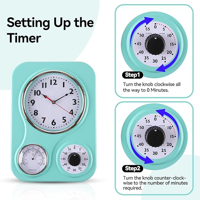 Lily's Home - 9.5 Inch x 12.5 Inch - Retro Kitchen Wall Clock, Vintage Wall Clock with a Thermometer and 60-Minute Timer, Ideal for Any Kitchen, Office, or Diner (Turquoise)