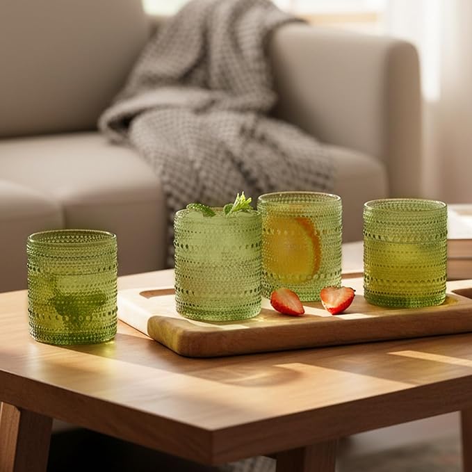 Moretoes Hobnail Drinking Glasses Set of 12,10 Oz Cocktail Glasses Vintage Glassware, Textured Glass Cups Bubble Glasses Water Glasses Old Fashion Jupiter Glasses Set (Green)